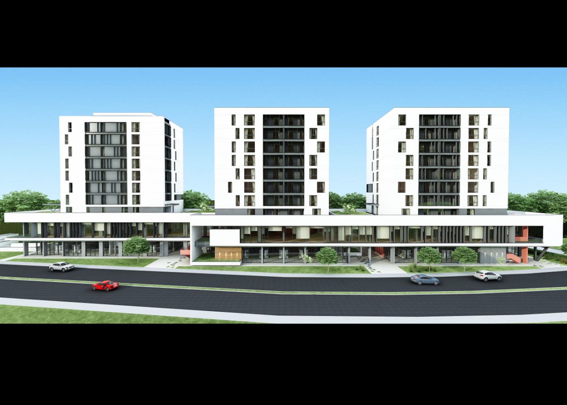 Big Residence spatii comerciale de inchiriat metrou Piata Sudului. Randare fatada