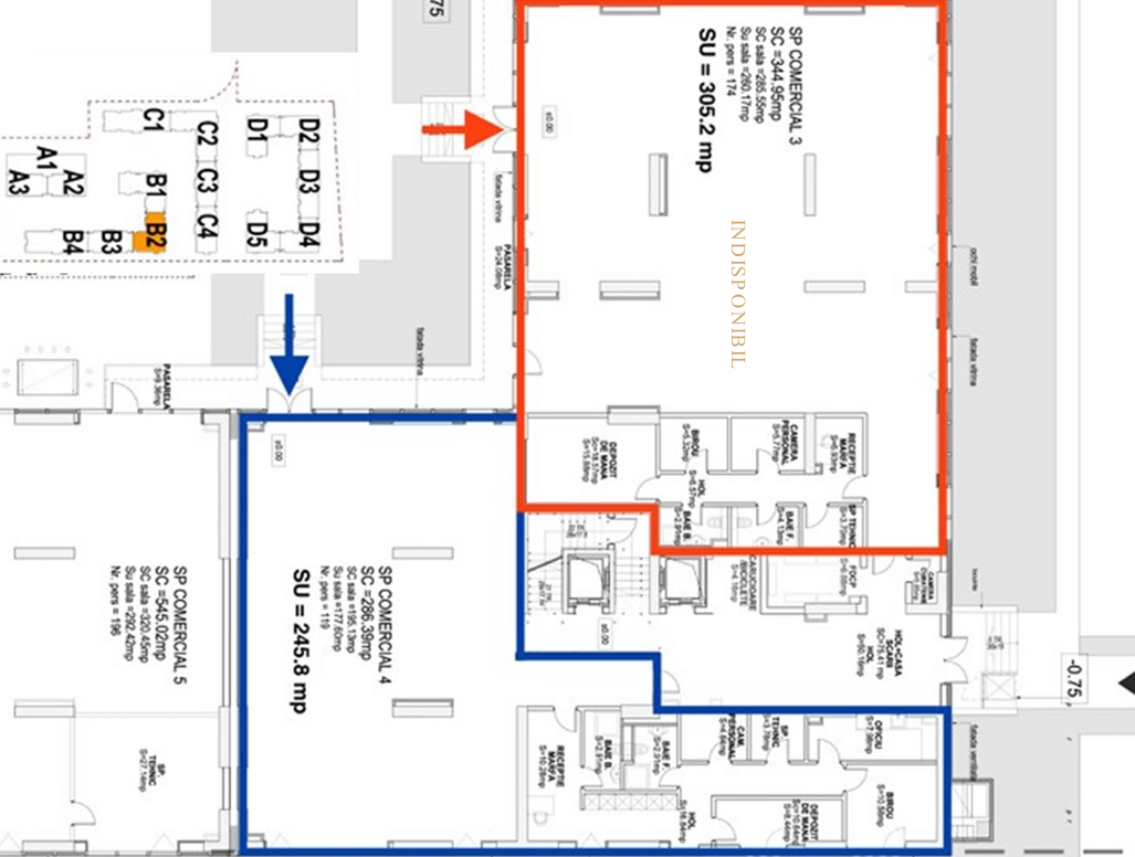 Spatii comerciale de vanzare la Complexul Cortina North, plan spatiu comercial 3 si 4