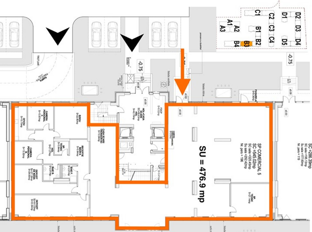 Spatii comerciale de vanzare la Complexul Cortina North, plan spatiu 477 mp