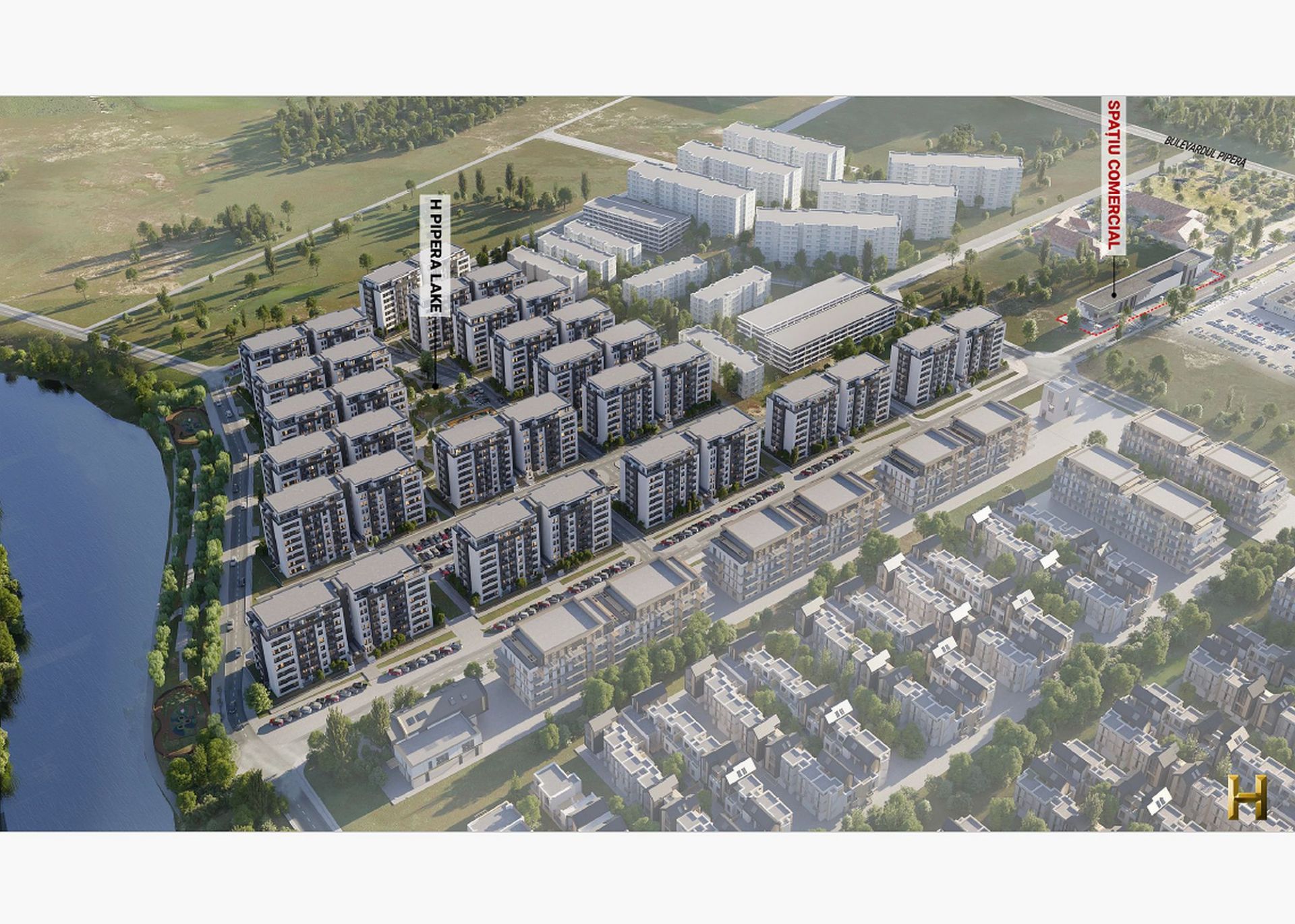 Inchiriere spatii comerciale pe Bulevardul Pipera, zona de nord Bucuresti. Plan general proiect rezidential