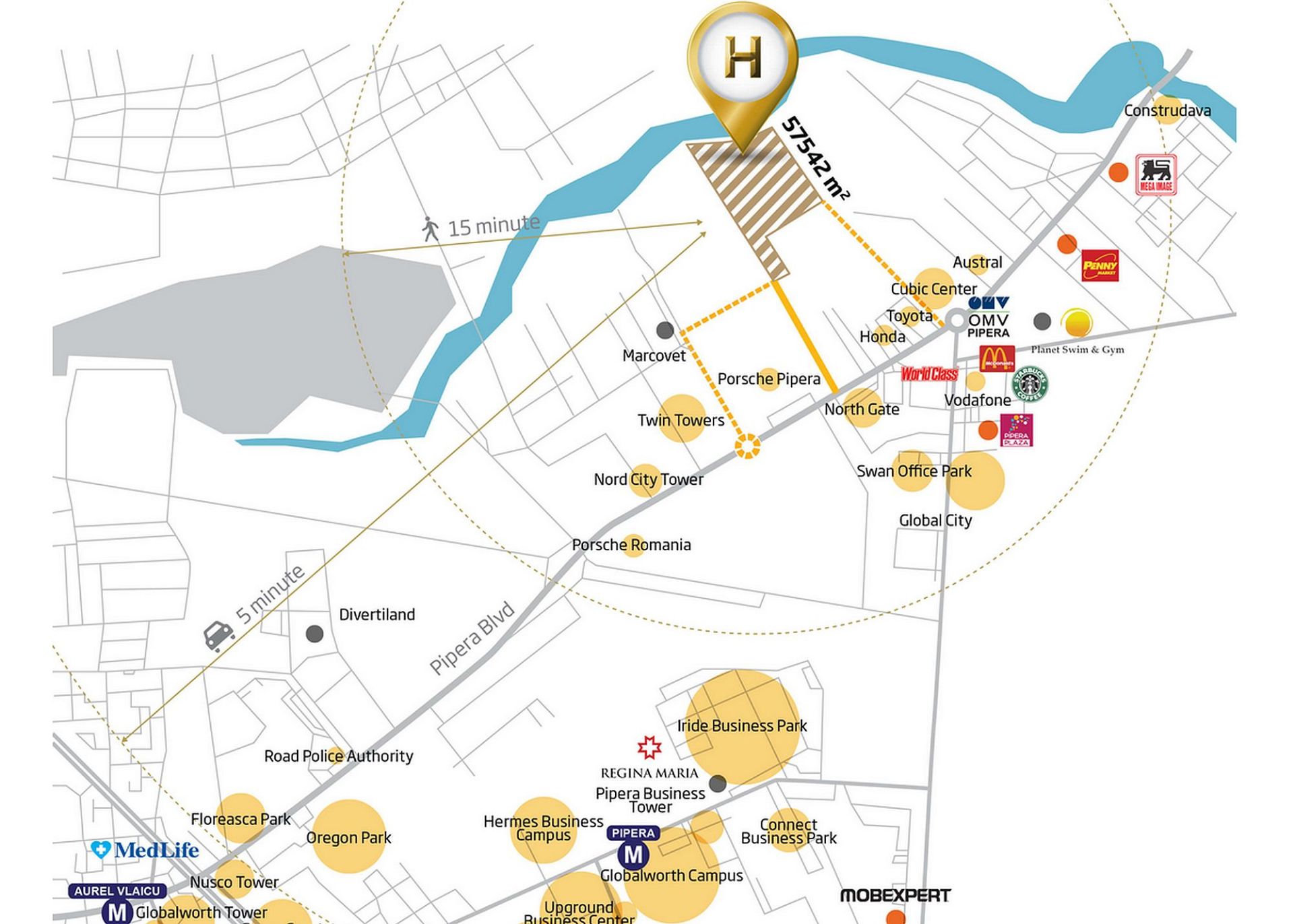 Inchiriere spatii comerciale pe Bulevardul Pipera, zona de nord Bucuresti.  Localizare proiect si vecinatati