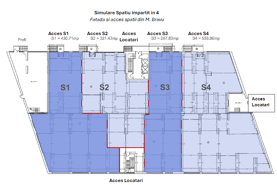 Spatiu comercial de inchiriat in Bucuresti, zona Mihai Bravu. Simulare spatiu impartit in patru unitati